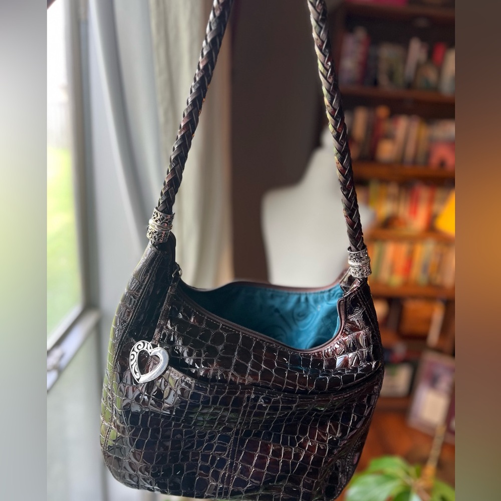 Brighton Croc Embossed Patent Leather Shoulder Bag Black Teal Lining Heart Charm
